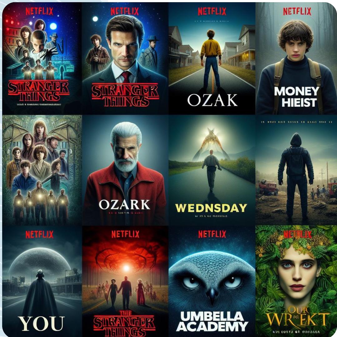 Stranger Things, The Crown, Money Heist, Ozark, Wednesday, The Witcher, You, Dark, Umbrella Academy, Our Planet